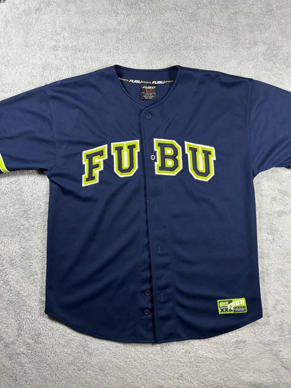FUBU Navy Baseball Jersey with‎ Lime Accents